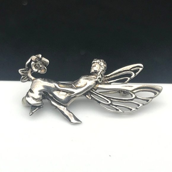 Vintage Jezlaine Sterling Fairy Brooch, Elegant 925 Silver Pin of Pixie and Flow - Picture 2 of 4